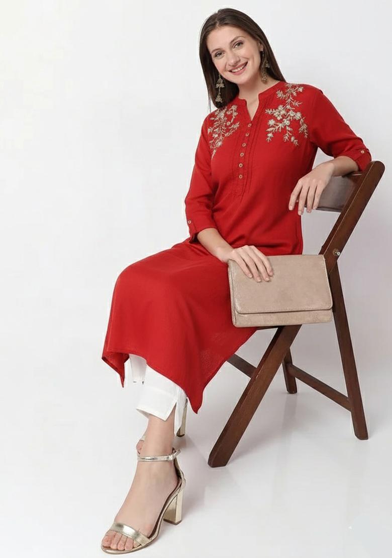 Red Machine Embroidery Rayon Kurta Set - Indya