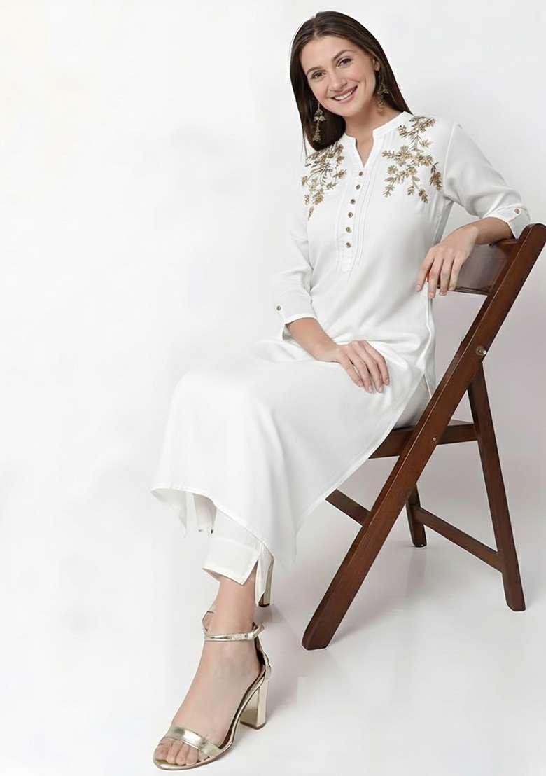 White Machine Embroidery Rayon Kurta Set - Indya