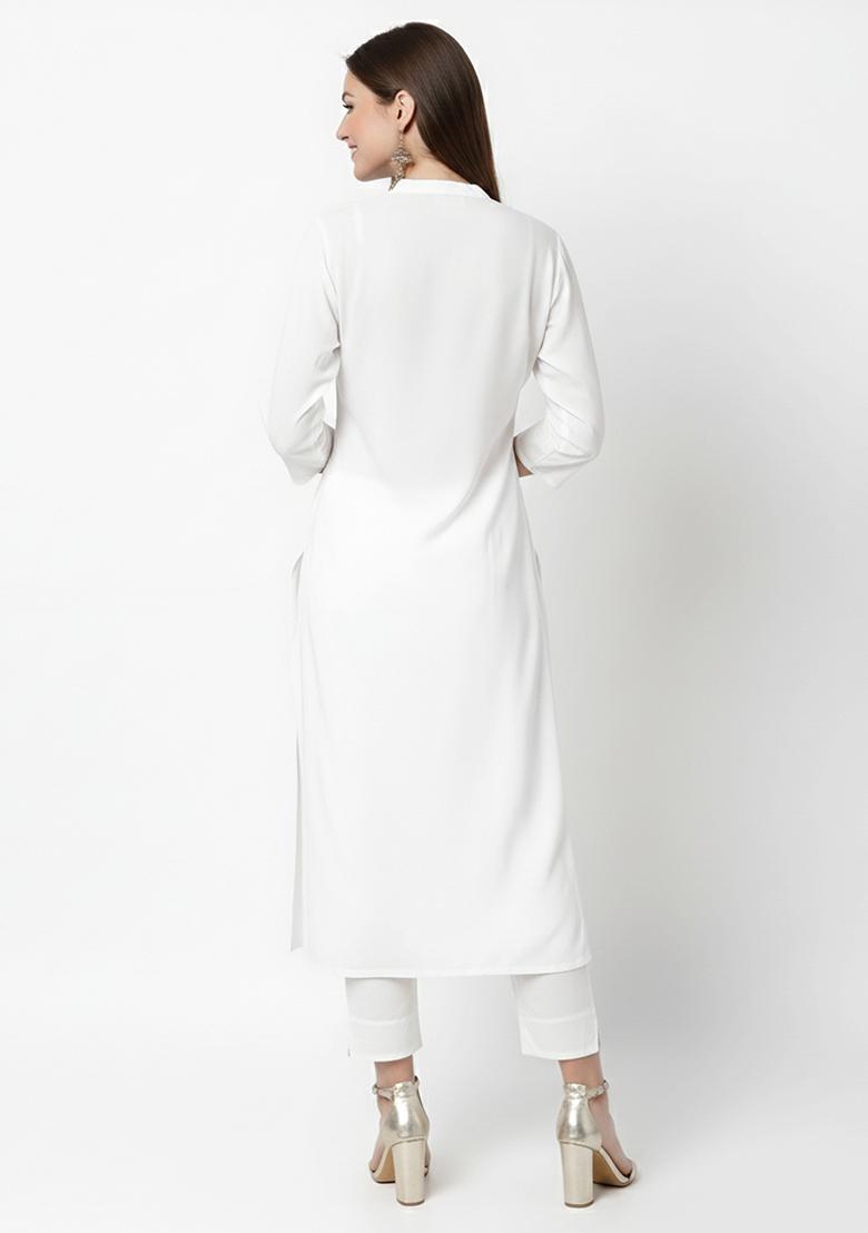 White Machine Embroidery Rayon Kurta Set - Indya