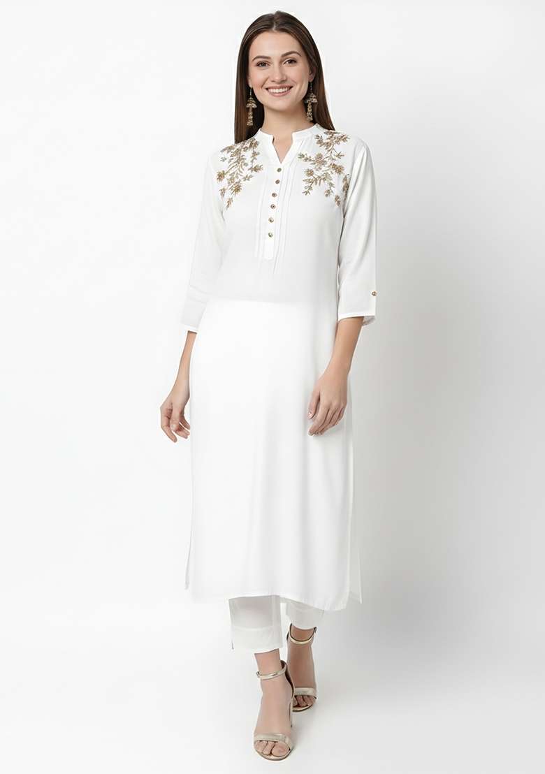 White Machine Embroidery Rayon Kurta Set - Indya