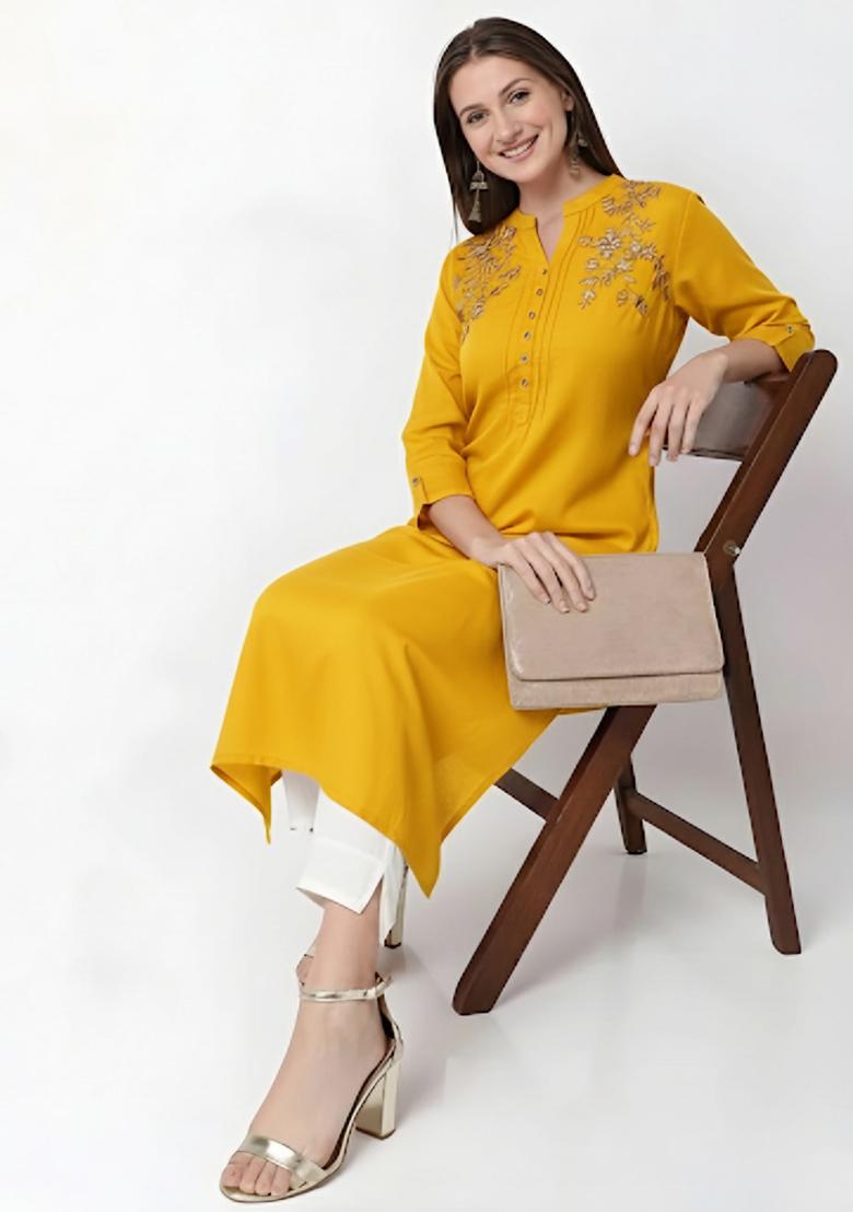 Yellow Machine Embroidery Rayon Kurta Set - Indya