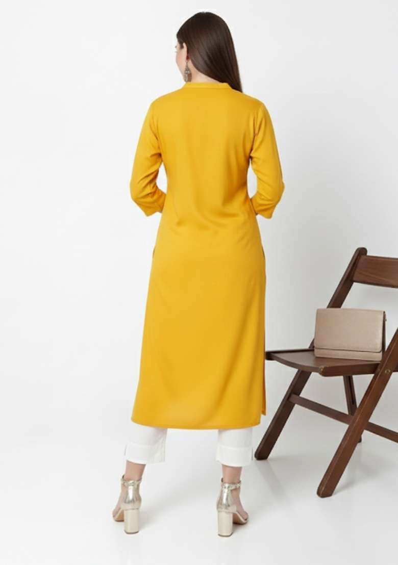Yellow Embroidered Rayon Kurta Set - Indya