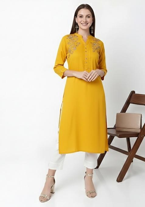 Yellow Machine Embroidery Rayon Kurta Set