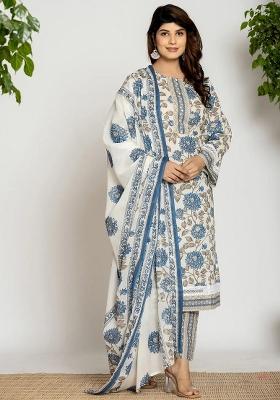 Blue Motif Cotton Kurta Dupatta Set