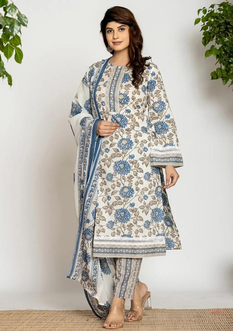 Blue Motif Cotton Kurta Dupatta Set - Indya