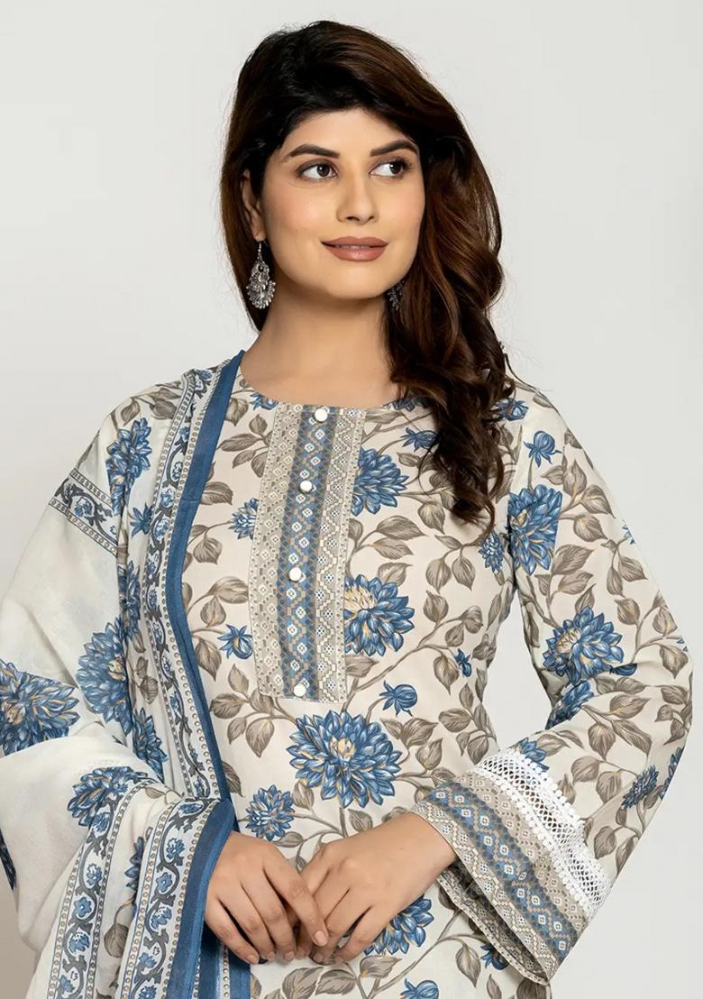 Blue Motif Cotton Kurta Dupatta Set - Indya