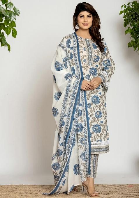 Blue Motif Cotton Kurta Dupatta Set