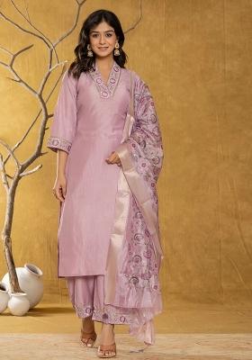 Purple Motif Silk Blend Kurta Dupatta Set