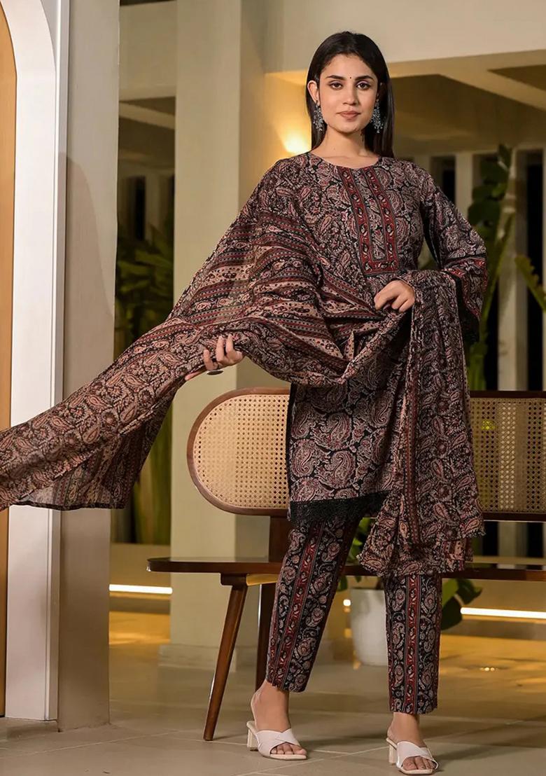 Black Printed Cotton Kurta Dupatta Set - Indya
