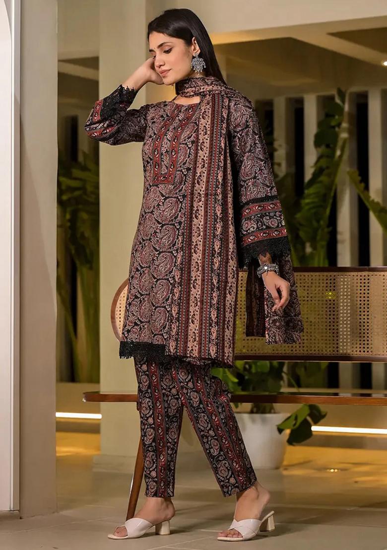 Black Printed Cotton Kurta Dupatta Set - Indya