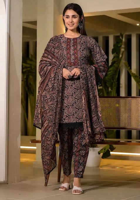 Black Printed Cotton Kurta Dupatta Set