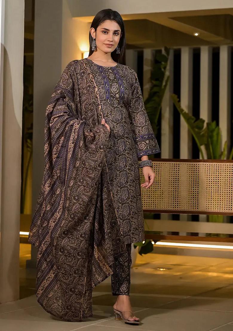 Olive Printed Cotton Kurta Dupatta Set - Indya