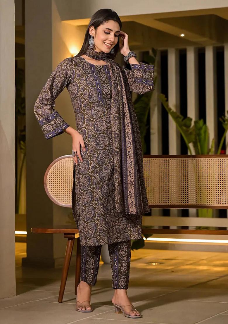 Olive Printed Cotton Kurta Dupatta Set - Indya