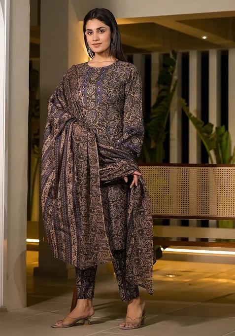 Olive Printed Cotton Kurta Dupatta Set