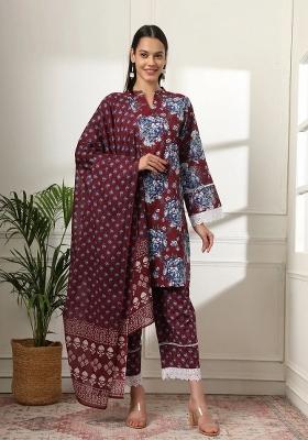 Maroon Motif Cotton Kurta Dupatta Set