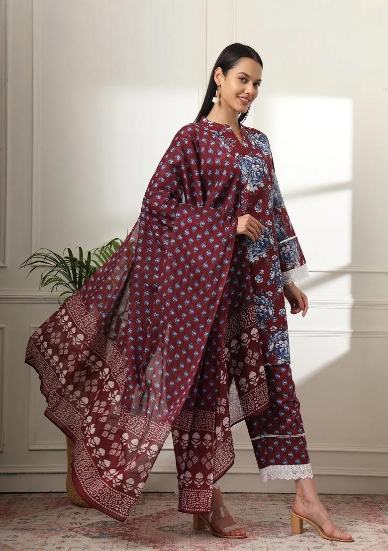 Maroon Motif Cotton Kurta Dupatta Set - Indya
