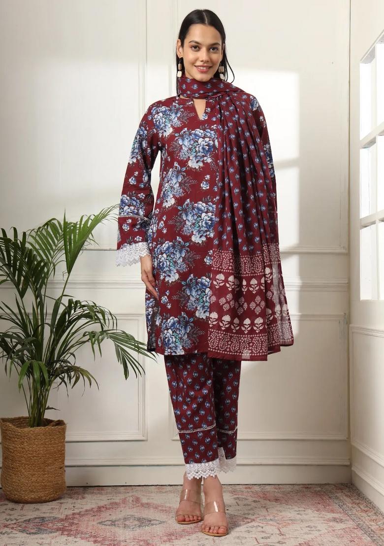 Maroon Motif Cotton Kurta Dupatta Set - Indya