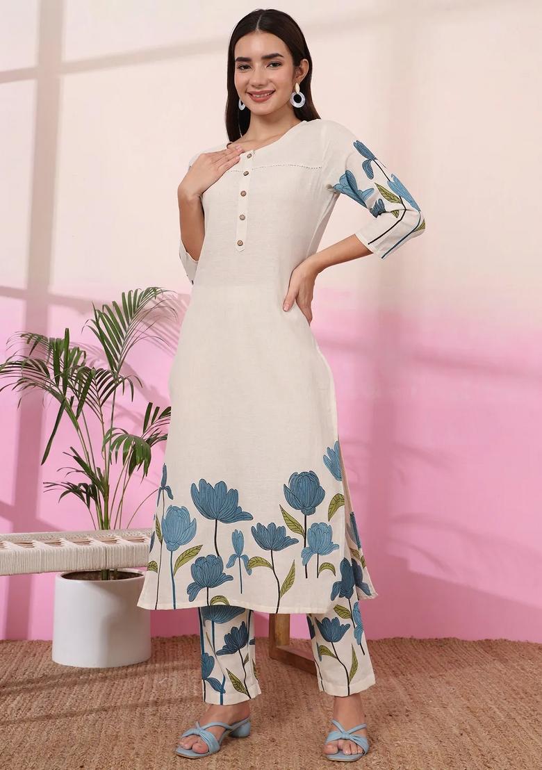 Blue Printed Cotton Kurta Set - Indya