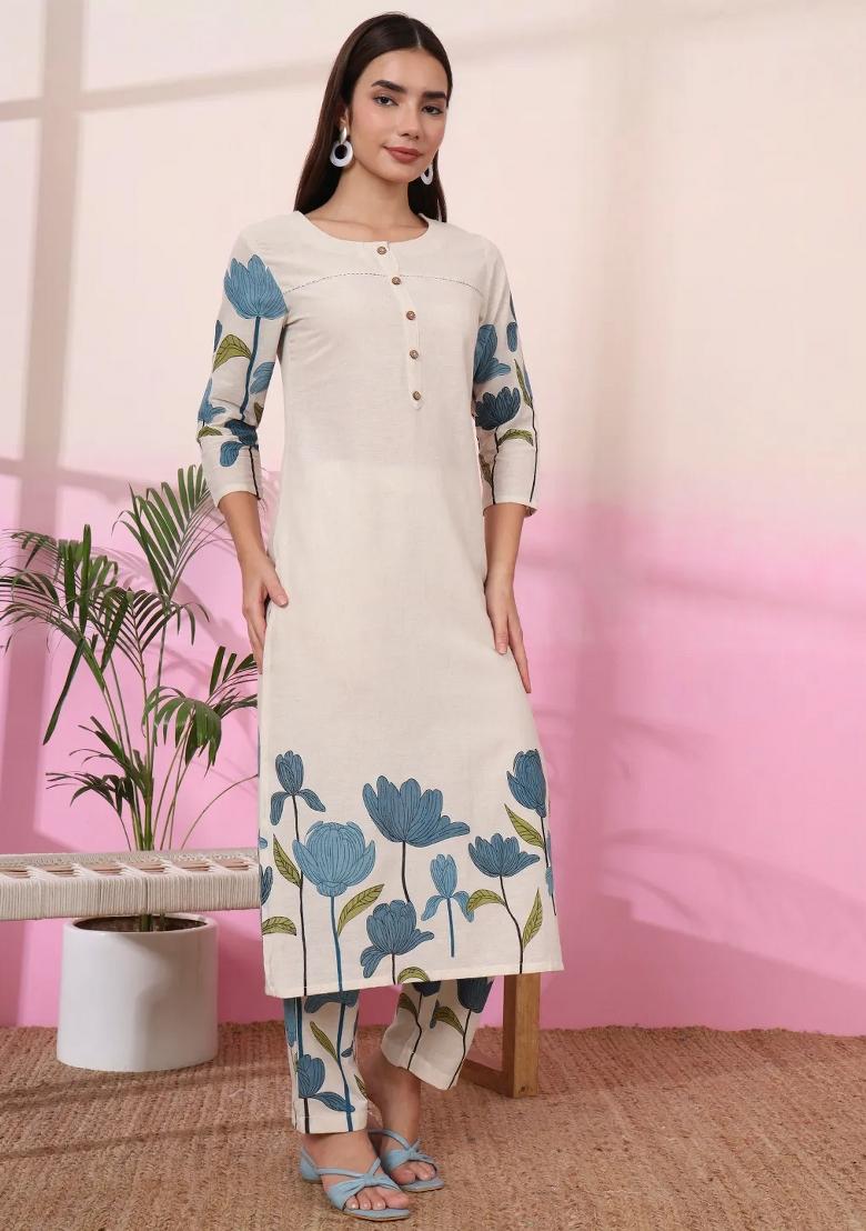 Blue Printed Cotton Kurta Set - Indya