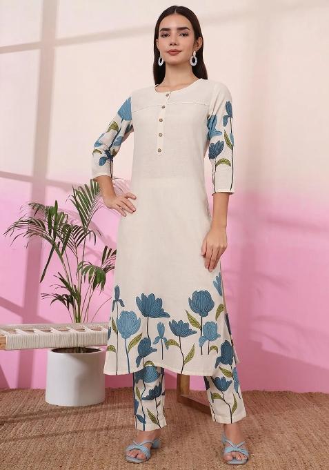Blue Printed Cotton Kurta Set