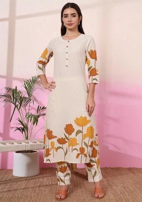 Mustard Printed Cotton Kurta Set
