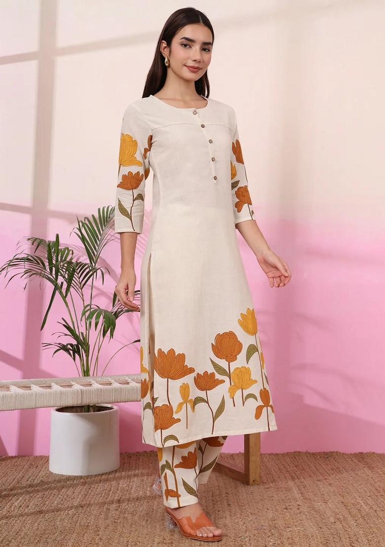 Mustard Printed Cotton Kurta Set - Indya