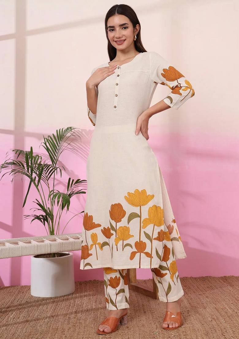 Mustard Printed Cotton Kurta Set - Indya