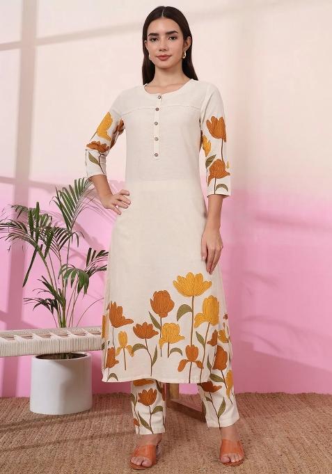 Mustard Printed Cotton Kurta Set