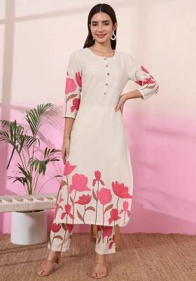 Pink Floral Print Cotton Straight Kurta Set
