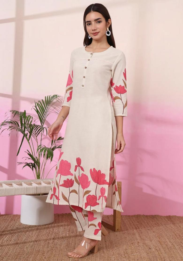 Pink Printed Cotton Kurta Set - Indya