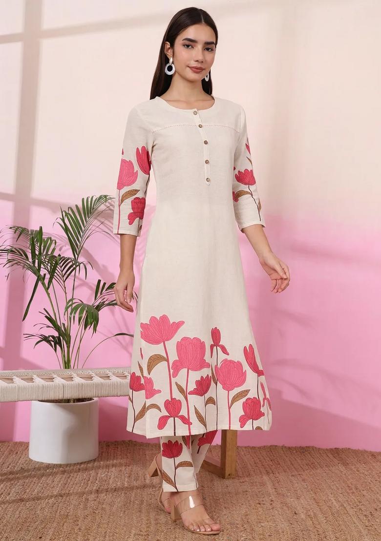 Pink Printed Cotton Kurta Set - Indya