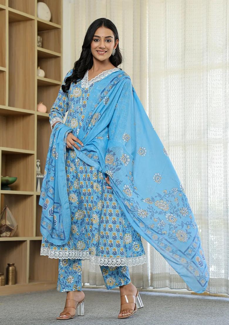 Blue Motif Cotton Kurta Dupatta Set - Indya