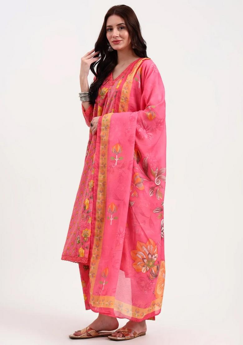 Pink Printed Cotton Kurta Dupatta Set - Indya