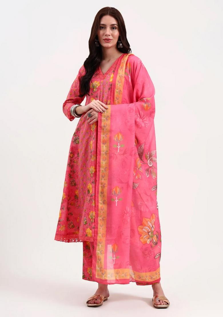 Pink Printed Cotton Kurta Dupatta Set - Indya