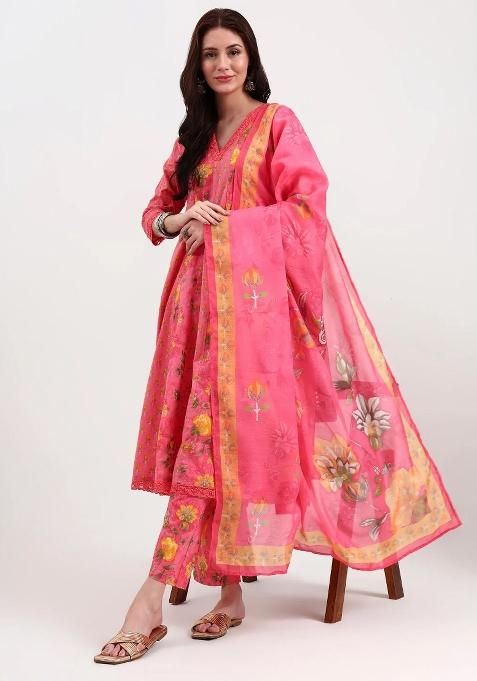 Pink Printed Cotton Kurta Dupatta Set