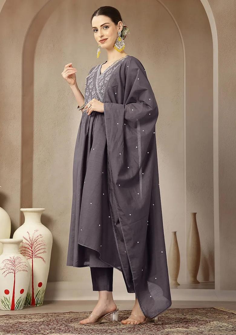 Purple Motif Chanderi Silk Kurta Dupatta Set - Indya