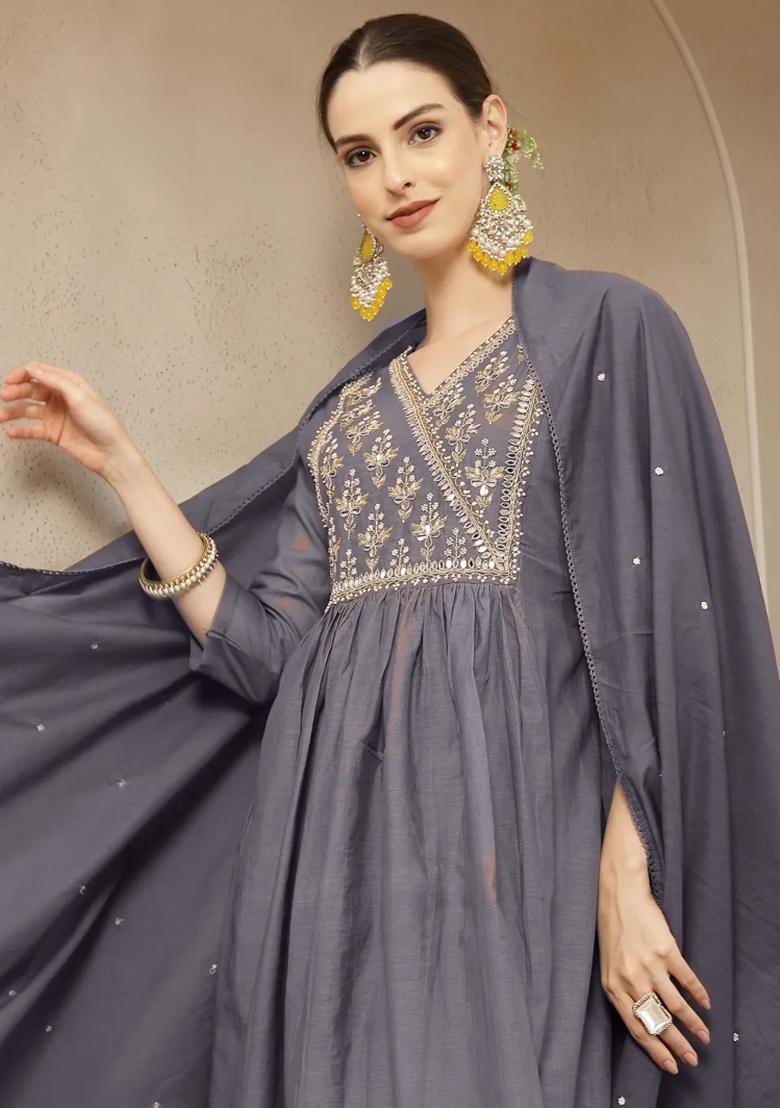 Purple Motif Chanderi Silk Kurta Dupatta Set - Indya