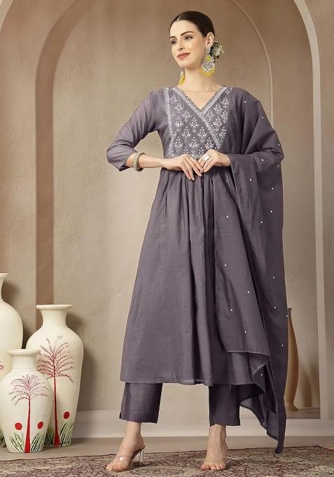 Purple Motif Chanderi Silk Kurta Dupatta Set