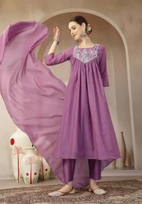 Purple Sequins Work Chanderi Silk Kurta Dupatta Set