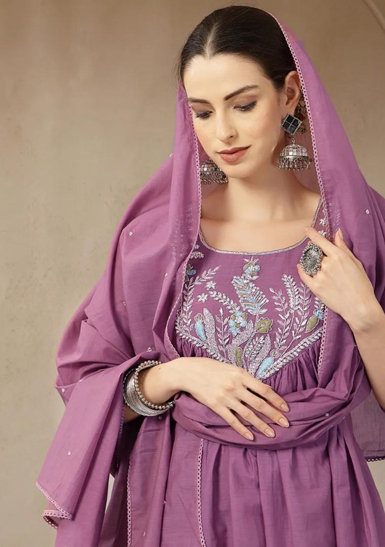 Purple Sequins Work Chanderi Silk Kurta Dupatta Set - Indya