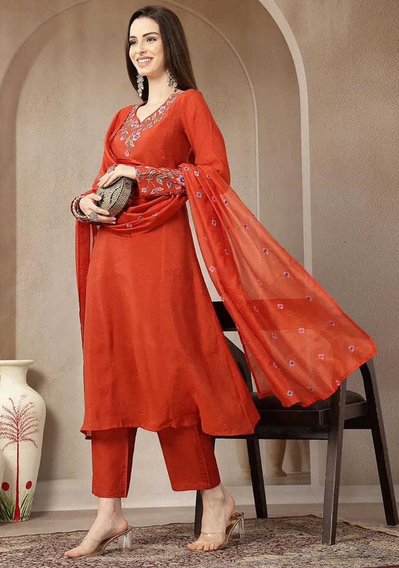 Red Motif Chanderi Silk Kurta Dupatta Set - Indya