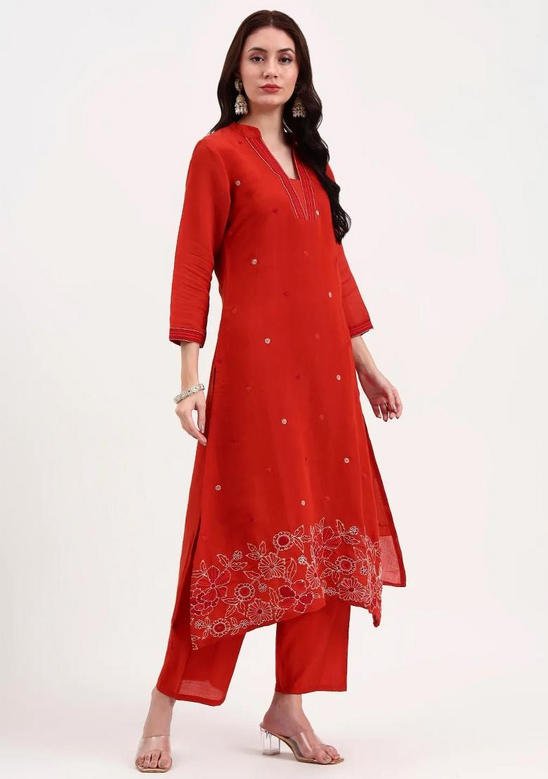 Rust Motif Chanderi Silk Kurta Dupatta Set - Indya