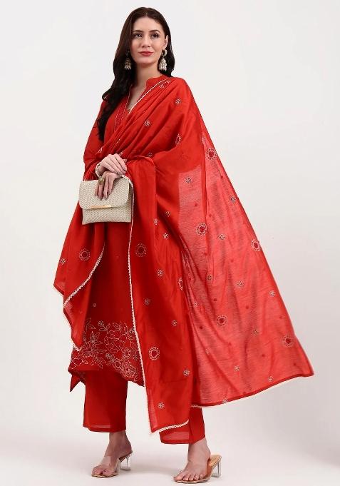 Rust Motif Chanderi Silk Kurta Dupatta Set