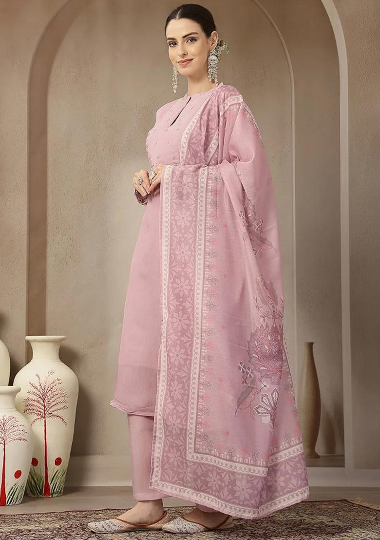 Pink Embroidered Chanderi Silk Kurta Dupatta Set - Indya