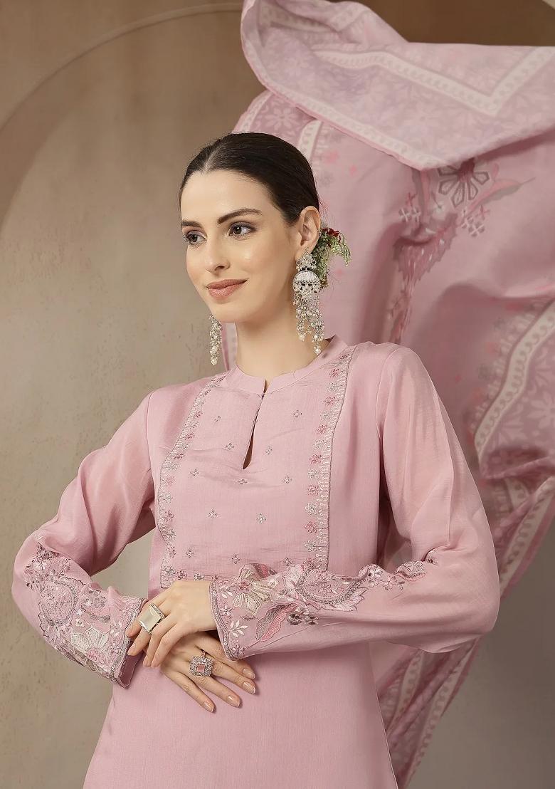 Pink Embroidered Chanderi Silk Kurta Dupatta Set - Indya