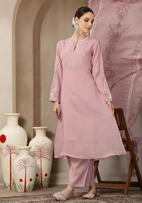 Pink Embroidered Chanderi Silk Kurta Dupatta Set