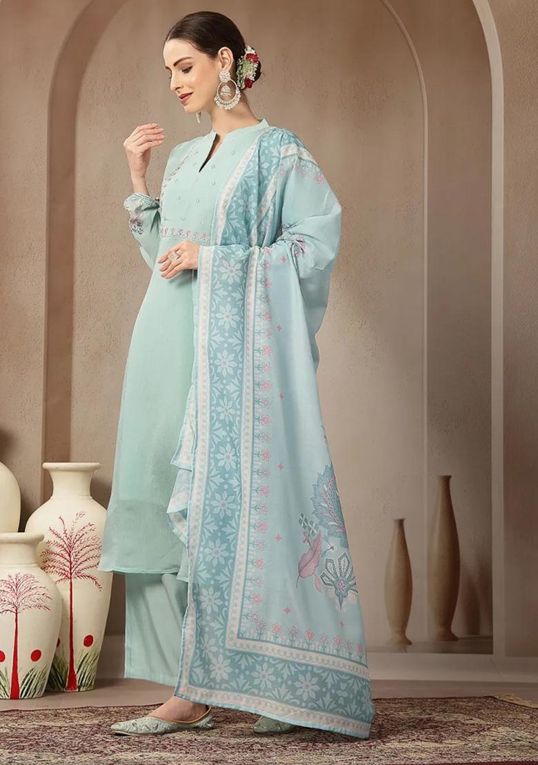 Turquoise Blue Embroidered Chanderi Silk Kurta Dupatta Set - Indya