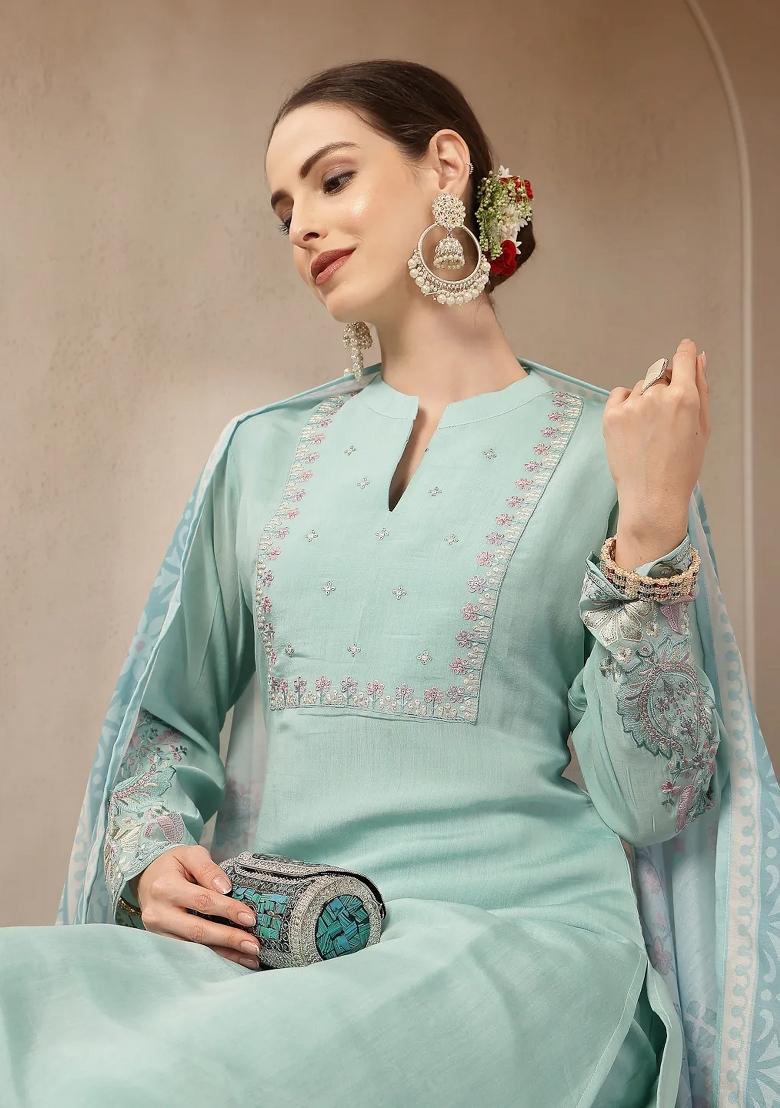 Turquoise Blue Embroidered Chanderi Silk Kurta Dupatta Set - Indya
