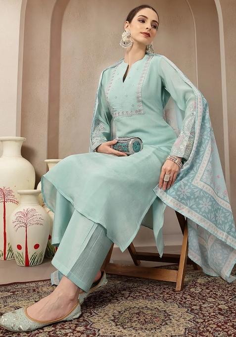Turquoise Blue Embroidered Chanderi Silk Kurta Dupatta Set
