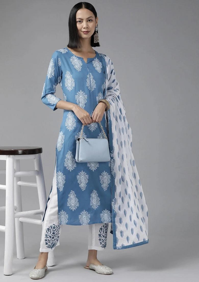 Blue Printed Viscose Rayon Kurta Dupatta Set - Indya